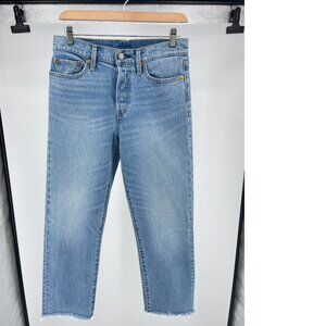 Levi's Premium Jeans 28 High Rise Straight Crop Button Fly Raw Hem Light Blue